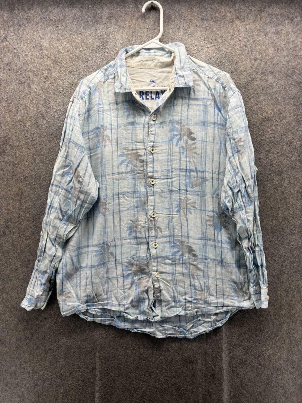 Tommy Bahama Shirt Men Medium Blue Plaid Hawaiian Linen Long Sleeve Relax